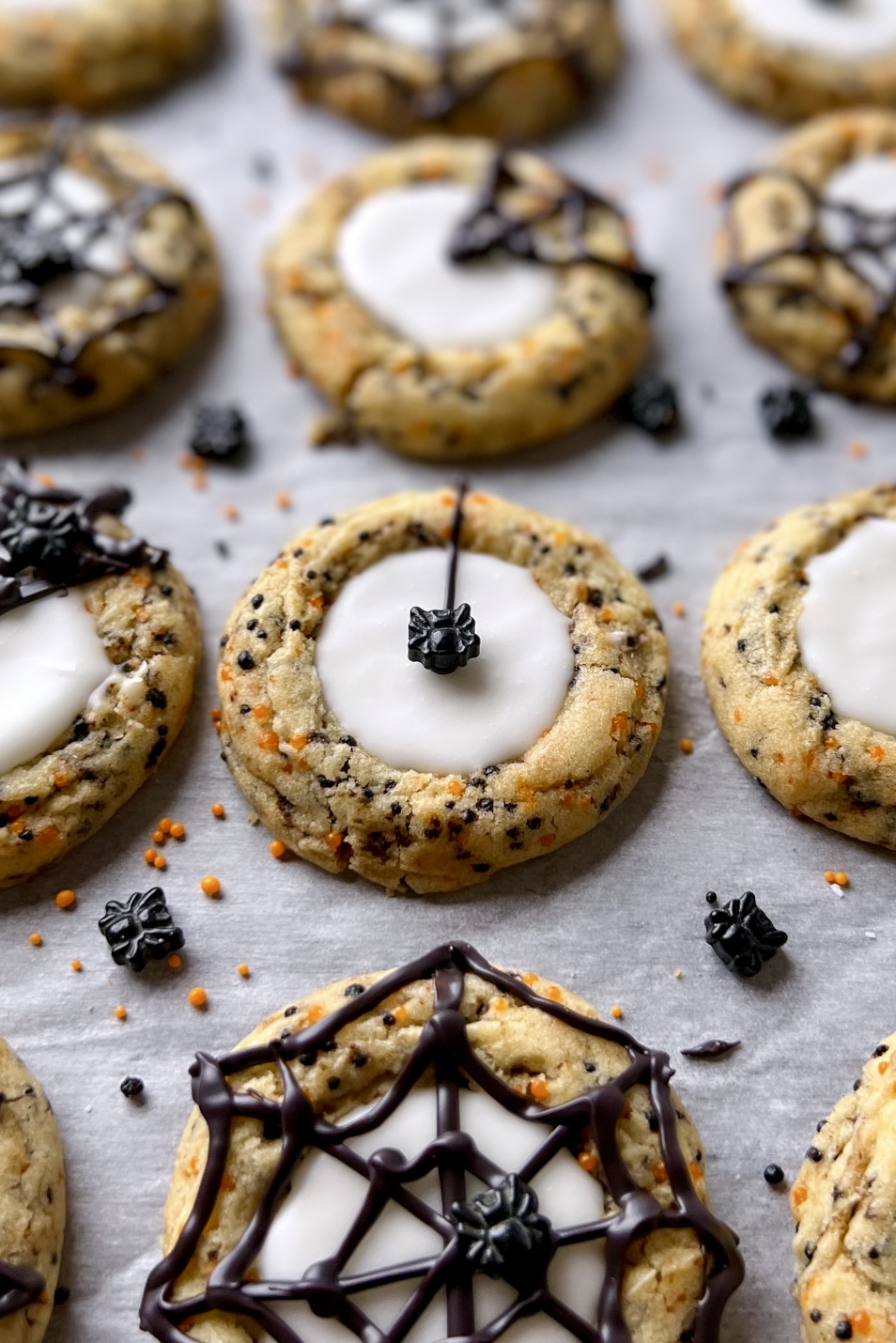 Spooky Spider Web Thumbprint Cookies With Icing - Bake Drizzle Dust